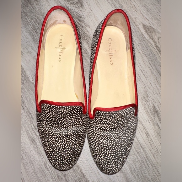 💝Cole Haan Sabrina Loafers Real Calf Cow Fur Hair Slip On Black Red Trim Size 5 - Picture 2 of 8